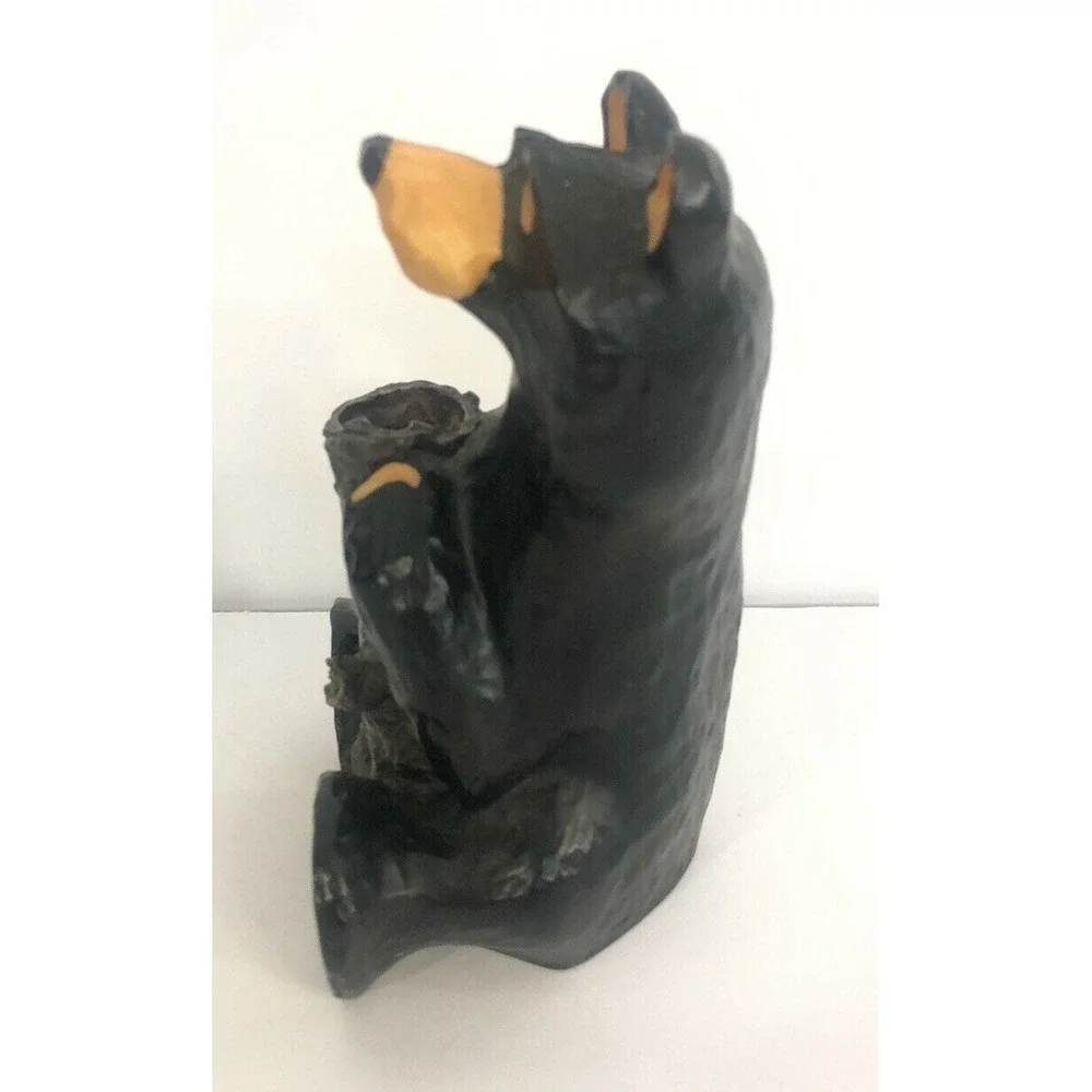 Bearfoots Jeff Flemming Figure Black Bear Holding Tree Stump Candle Holder